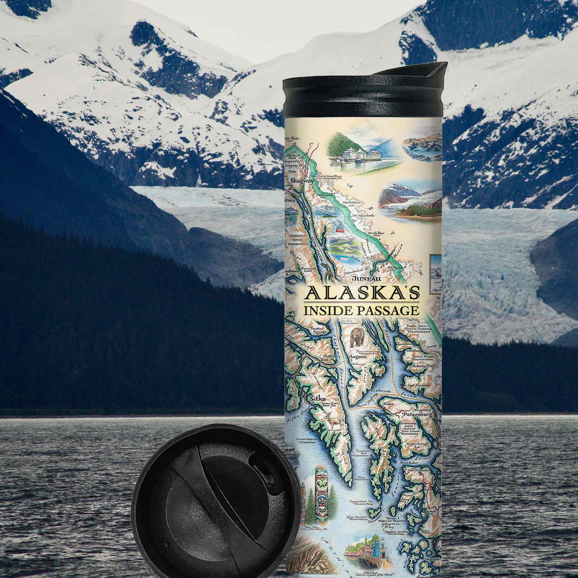 Alaska’s Inside Passage Travel Coffee mug with snow covered glacier mountains and lake. Features bears, whales, the Pacific Ocean, mountains, boats, wildlife-filled fjords, and tidewater glaciers, mountain goats & sheep. Including the towns of Sitka, Juneau, Ketchikan, and others.