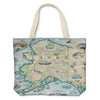Alaska State map canvas tote bag in earth tone colors - featuring Anchorage, Juneau, Fair Banks, Denali National Park, Iditarod Trail Sled Dog Race, bears, elk, moose, whales, a mountain goat & a sheep.