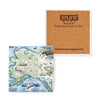 4" x 4" Alaska State map ceramic coaster in earth tone colors of blues and greens. The Map features Anchorage, Juneau, Fair Banks, Denali National Park, Iditarod Trail Sled Dog Race, bears, elk, moose, whales, a mountain goat & a sheep.