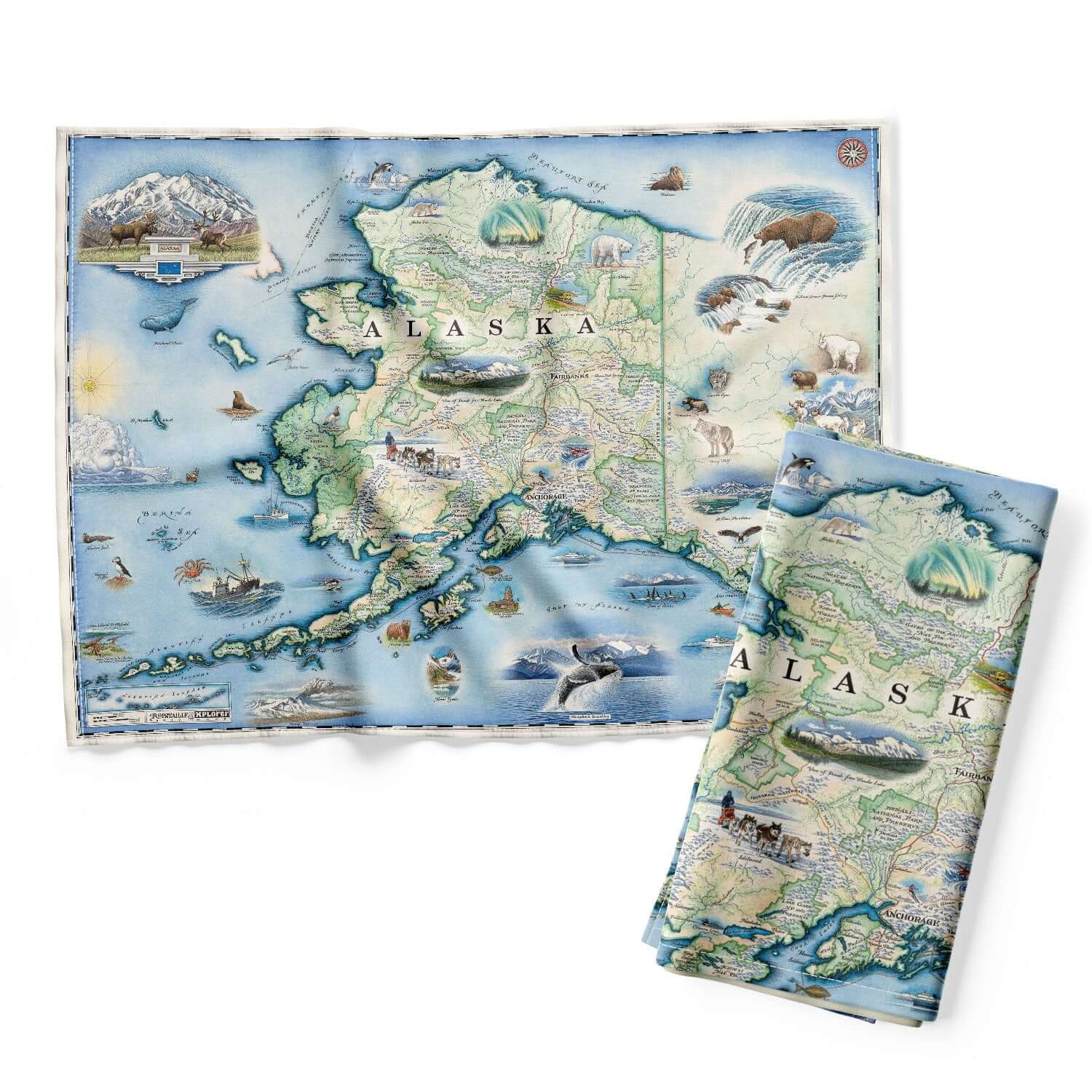 Alaska State map kitchen dishwashing towel in earth tone colors. The Map features Anchorage, Juneau, Fair Banks, Denali National Park, Iditarod Trail Sled Dog Race, bears, elk, moose, whales, a mountain goat & a sheep.
