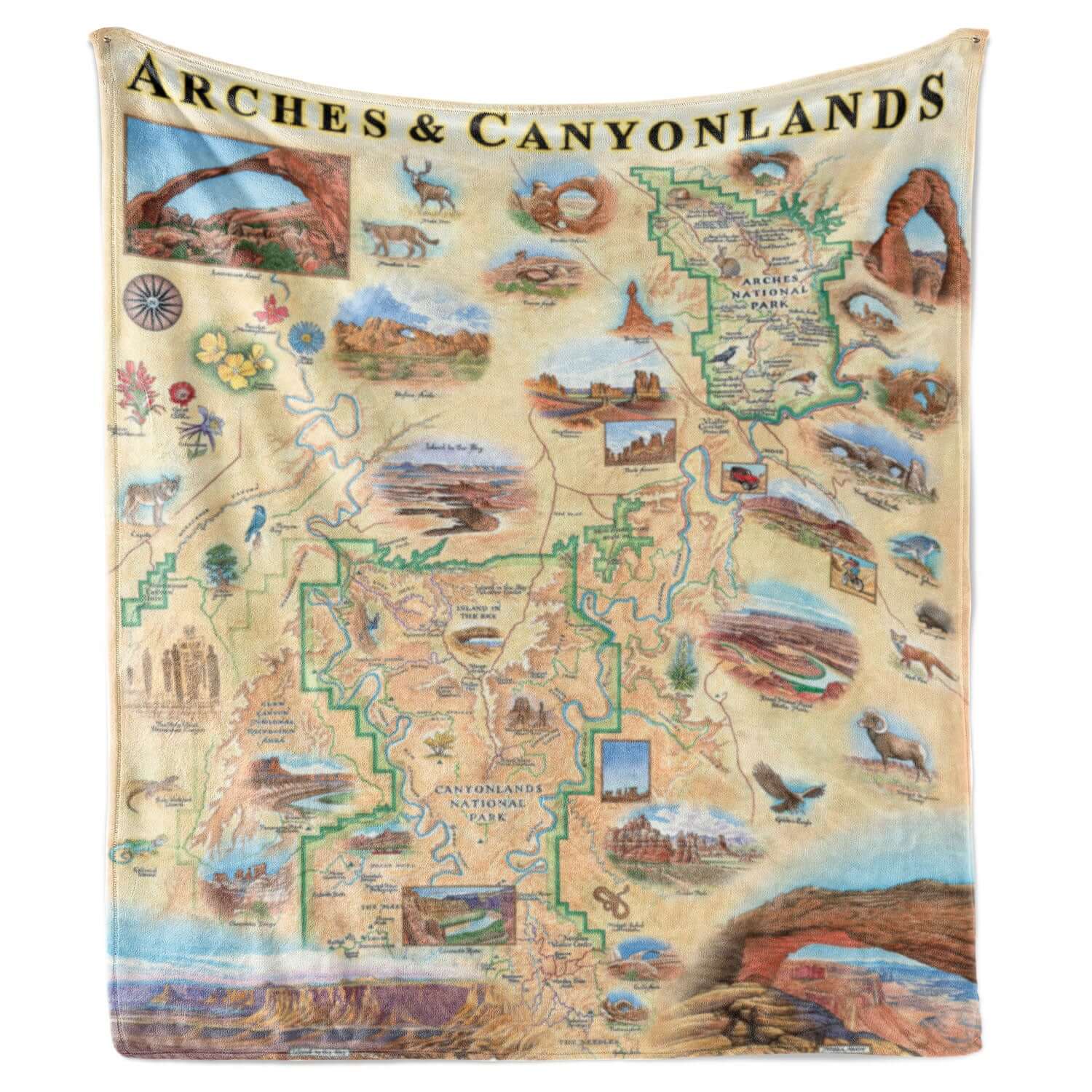 Hanging fleece blanket of Arches & Canyonlands National Park. It features Island in the Sky, Panorama Point Overlook, Angel Arch, Chester Park, Pete’s Mesa, Colorado and Green River, Double Arch, Balanced Rock, Tower Arch, Double O Arch, and Delicate Arch. Wildlife and plants include rattlesnakes, bobcats, Desert Bighorn sheep, falcons, golden eagles, red foxes, porcupines, mule deer, mountain lions, coyotes, and lizards. Indian Paintbrush, Claret Cup Cacti, and Columbines.