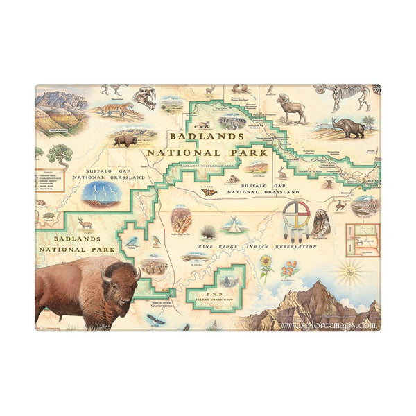 Badlands National Park Map magnet in earth tone colors. Featuring Bison, deer, dinosaurs, Buffalo Gap Grasslands, fox. 