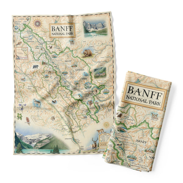 Banff National Park Map kitchen towels in earth tone colors. Featuring grizzly bears, elk, mountain lions, and wolves. The map also features Jasper National Park, Yoho National Park, and Kootenay National Park. The featured illustration of the map is Lake Louise.