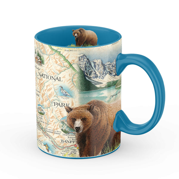 Blue, 16 oz Banff National Park Hand-Drawn Map in earth tone colors. Featuring grizzly bear, elk, mountain lion, and wolf.