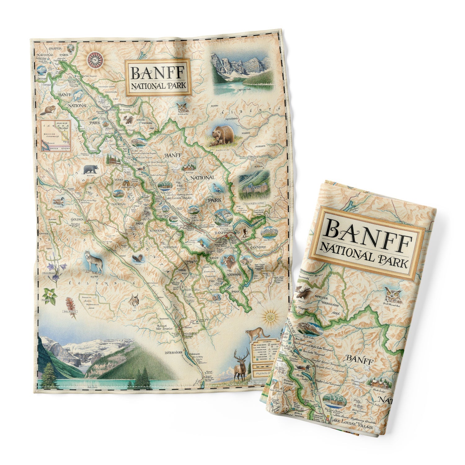 Banff National Park Map kitchen towels in earth tone colors. Featuring grizzly bears, elk, mountain lions, and wolves. The map also features Jasper National Park, Yoho National Park, and Kootenay National Park. The featured illustration of the map is Lake Louise.