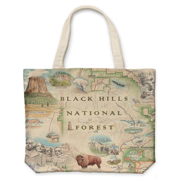 Black Hills National Forest Map Canvas Tote Bag in earth tone colors. Featuring cities like Rapid City, Spearhead, Rapid City, and Sturgis. Mount Rushmore, Devils Tower, Jewel Cave National Monument, Custards, and Wind Cave National Park. Flora and Fauna illustrations include bison, elk, mountain goats, birds, pine trees, and native flowers.