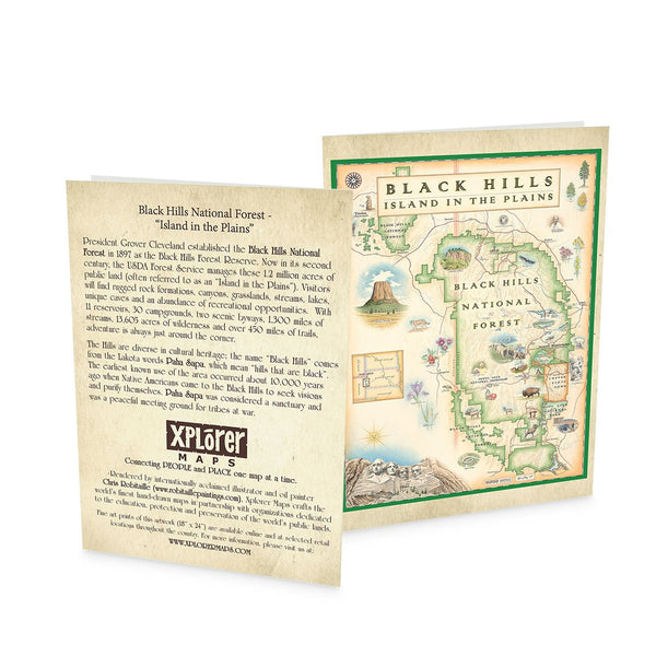 Black Hills National Forest Map blank greeting card in earth tone colors. Featuring Mount Rushmore, bison, elk, and flowers.