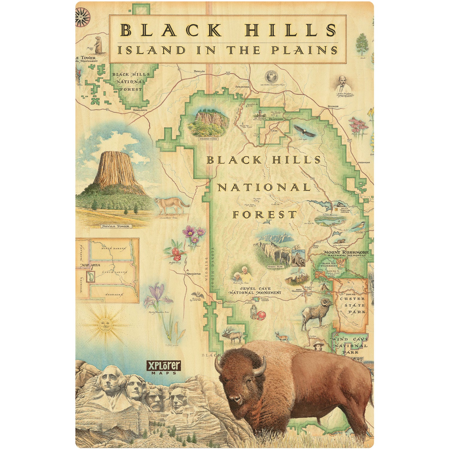 Black Hills National Forest wooden map in earth tone colors. Featuring Mount Rushmore, bison, elk, and flowers.
