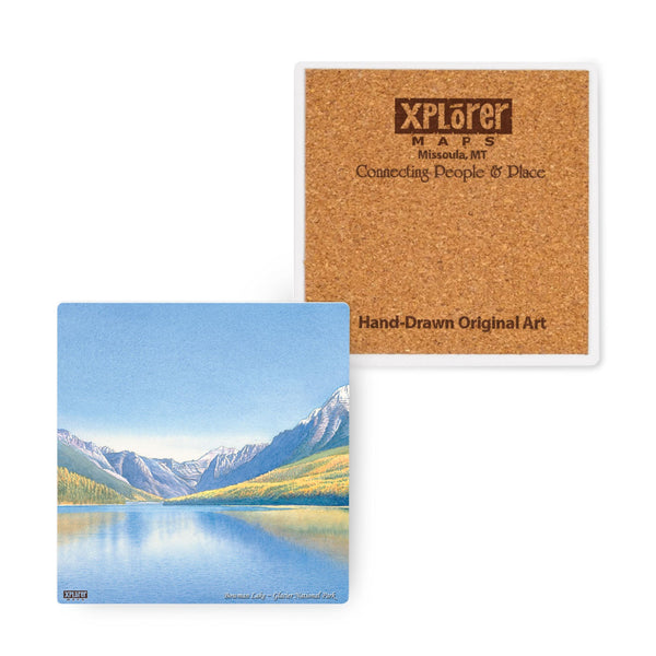 4"x4" ceramic coaster of Bowman Lake in Glacier National Park, Montana by Xplorer Maps. The picture includes snowcapped mountains in the background. 