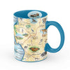 California Central Coast State Map Ceramic Mug in blue and earth tone colors. Featuring wildlife like bears, mountain lions, birds, butterflies, bears, seals, otters, whales and more! 