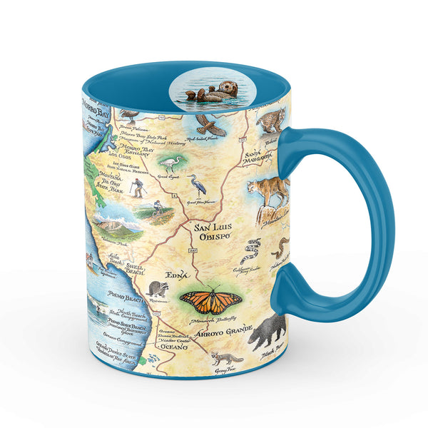 California Central Coast State Map Ceramic Mug in blue and earth tone colors. Featuring wildlife like bears, mountain lions, birds, butterflies, bears, seals, otters, whales and more! 