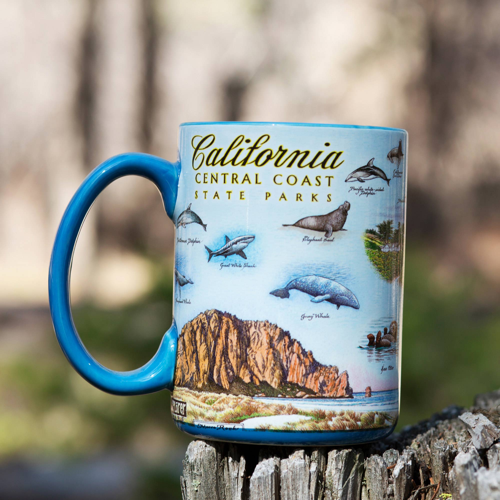 California's Central Coast State Parks coffee cup sitting on a tree stump. The blue mug features seal, whale, Sea otters, dolphins, mountains and more!