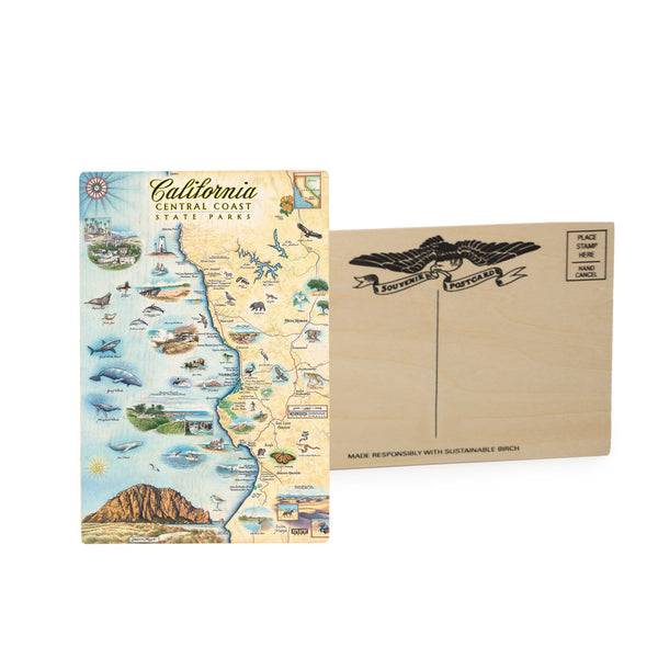 California Central Coast State Map mailable wooden postcard in earth tones. Featuring black bear, ocean, butterfly, seal, sharks, San Luis Obispo, and Arroyo Grand.