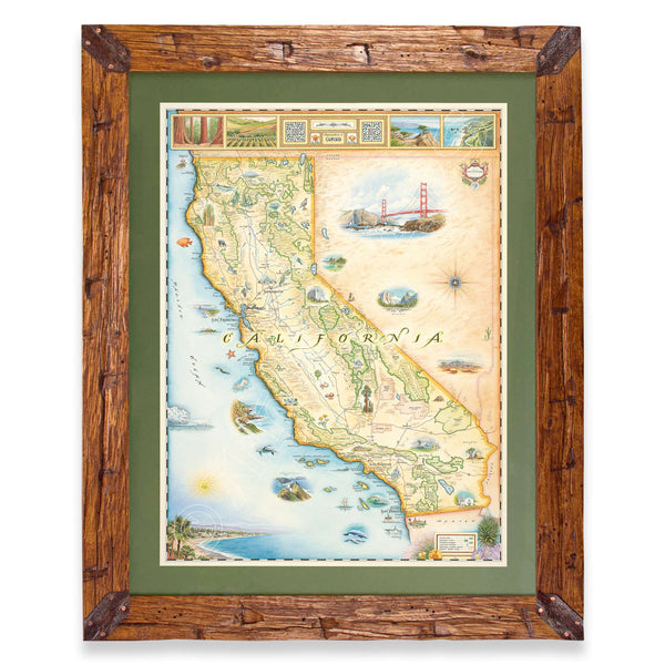 California hand-drawn map in a Montana hand-scraped pine wood frame with green mat.