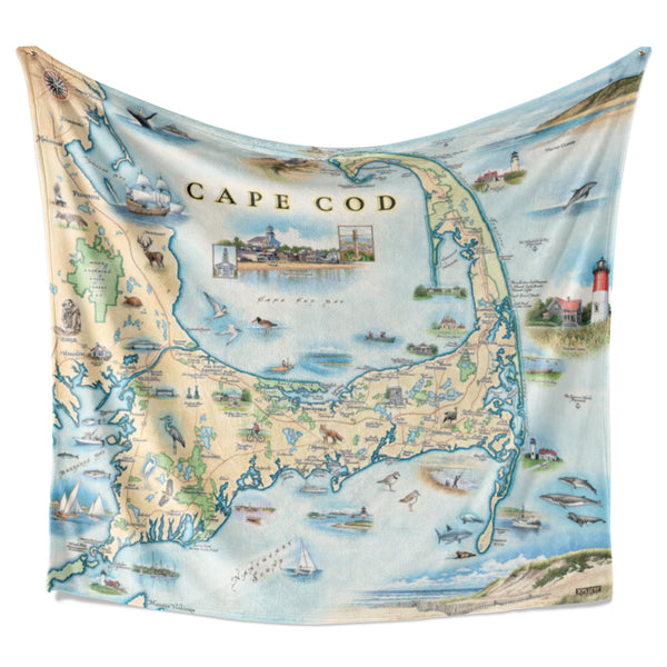 Hanging fleece blanket. A full-color map of Cape Cod on a warm fleece blanket. Measures 50"x58."
