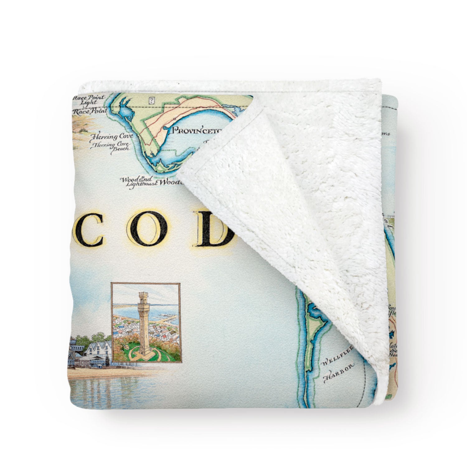 Cape Cod Map fleece blanket in earth tone colors. Featuring Plymouth Rock, fish, crane, fox, Provincetown, canoeing, biking, beach, lighthouse, and ocean. Measures 50
