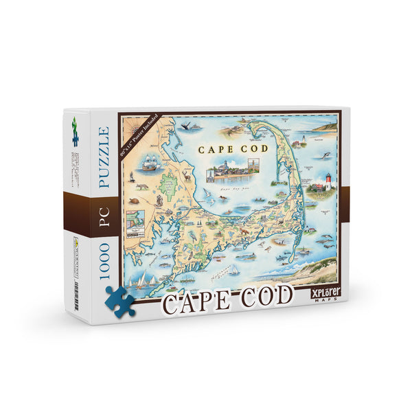 Cape Cod Map 1000-piece jigsaw puzzle. The map features whales, foxes, deer, and many bird species. Provincetown, Brewster, Chatham, Falmouth, and others. 