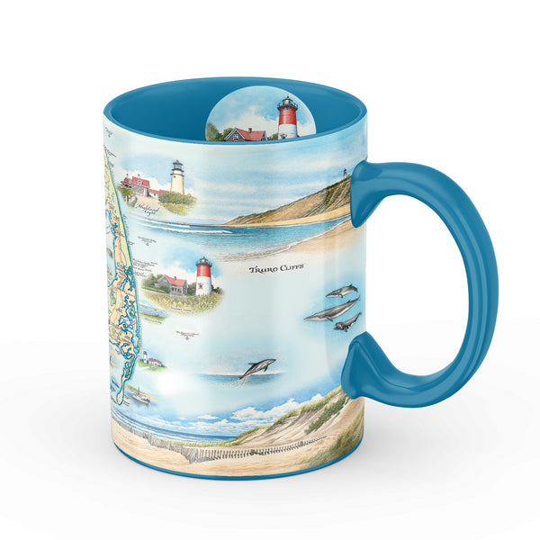 Cape Cod Map ceramic coffee mug featuring Plymouth Rock, fish, crane, fox, Provincetown, canoeing, biking, beach, lighthouse, and ocean. Blue- 16oz