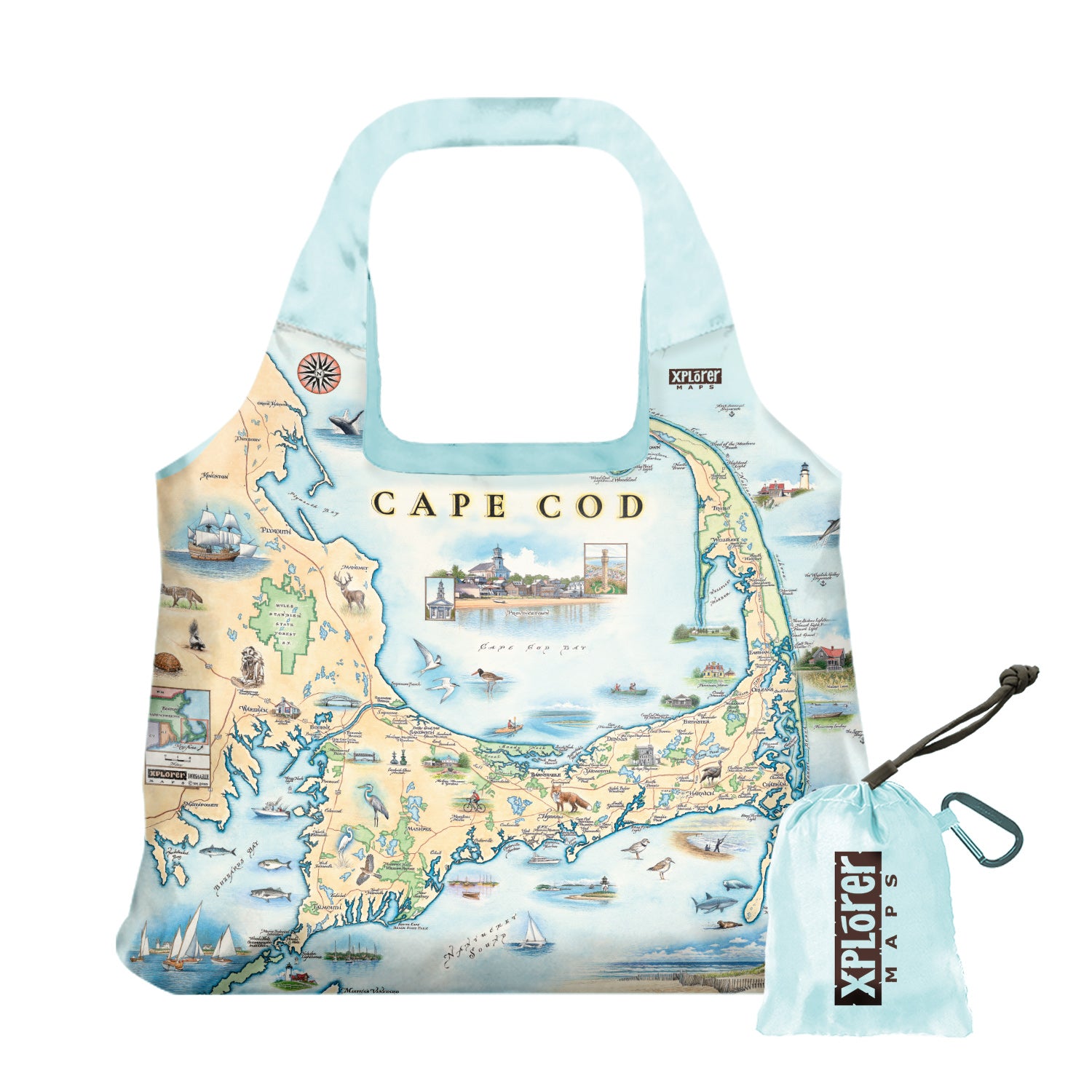 Cape Cod Map stuffable pouch tote bag in earth tone colors. Featuring Plymouth Rock, fish, crane, fox, Provincetown, canoeing, biking, beach, lighthouse, and ocean.
