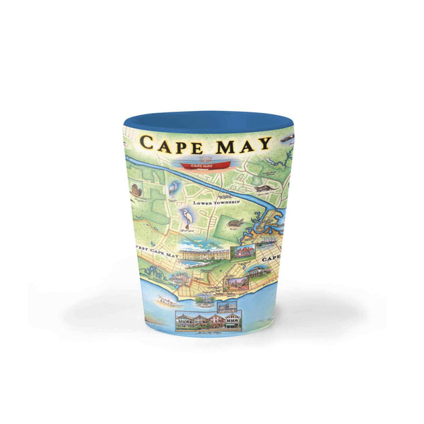 New Jersey's Cape May Map Ceramic shot glass by Xplorer Maps in earth tones of blue and green. The map features heron and whale species. Map features Cape May, Lower Township, and West Cape May. Cape May Harbor, Congress Hall, Washington St. Mall, and Cape May Bird Observatory.