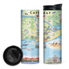 Front and backside of New Jersey's Cape May Map Travel Drinkware. The map features heron and whale species. Map features Cape May, Lower Township, and West Cape May. Cape May Harbor, Congress Hall, Washington St. Mall, and Cape May Bird Observatory.