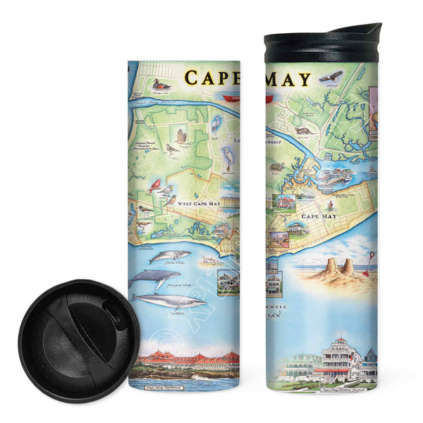 Front and backside of New Jersey's Cape May Map Travel Drinkware. The map features heron and whale species. Map features Cape May, Lower Township, and West Cape May. Cape May Harbor, Congress Hall, Washington St. Mall, and Cape May Bird Observatory.