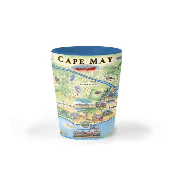 New Jersey's Cape May Map Ceramic shot glass by Xplorer Maps in earth tones of blue and green. The map features heron and whale species. Map features Cape May, Lower Township, and West Cape May. Cape May Harbor, Congress Hall, Washington St. Mall, and Cape May Bird Observatory. 