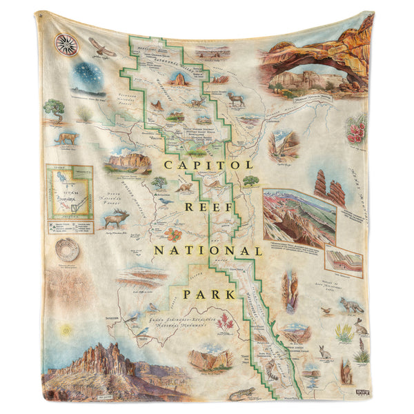 Hanging fleece blanket with Capitol Reef National Park map hand drawn and painted. Measures 58"x50."