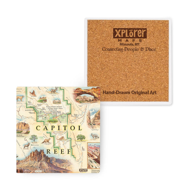Utah's Capitol Reef National Park ceramic coasters in earth tones. Featuring Claret Cup Cactus, Narrowleaf Yucca, Prince's Plume, and the Two-Needle Pinyon Pine. Detailed depictions of landmarks and geographic wonders like the Lower Muley Twist Canyon, Capitol Gorge, and Hickman Natural Bridge. The coaster measures  4" x 4". 