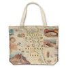 Utah's Capitol Reef National Park Canvas Tote Bag in earth tones. Featuring Claret Cup Cactus, Narrowleaf Yucca, Prince's Plume, and the Two-Needle Pinyon Pine. Detailed depictions of landmarks and geographic wonders like the Lower Muley Twist Canyon, Capitol Gorge, and Hickman Natural Bridge.