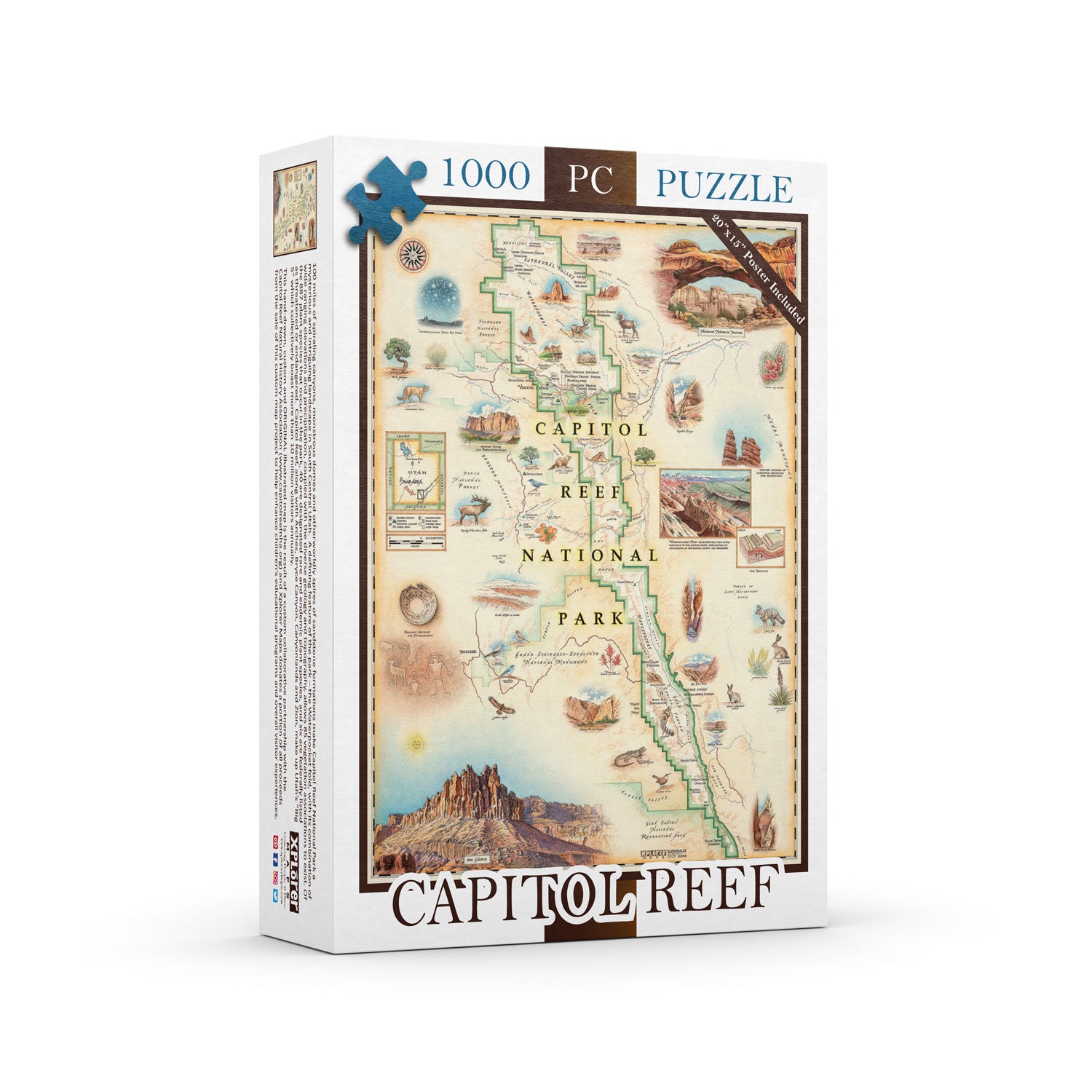 Utah's Capitol Reef National Park map 1000-piece puzzle. Featuring Claret Cup Cactus, Narrowleaf Yucca, Prince's Plume, and the Two-Needle Pinyon Pine. Detailed depictions of landmarks and geographic wonders like the Lower Muley Twist Canyon, Capitol Gorge, and Hickman Natural Bridge.