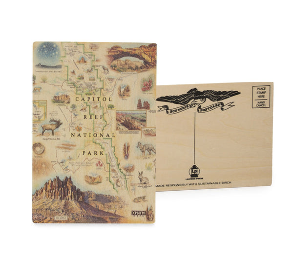 Utah's Capitol Reef National Park Map mailable wood postcard in earth tones. Featuring Claret Cup Cactus, Narrowleaf Yucca, Prince's Plume, and the Two-Needle Pinyon Pine. Detailed depictions of landmarks and geographic wonders like the Lower Muley Twist Canyon, Capitol Gorge, and Hickman Natural Bridge.