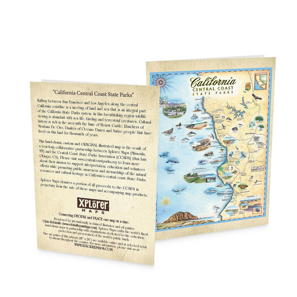 California Central Coast State Map blank notecard in earth tones. Featuring black bear, ocean, butterfly, seal, sharks, San Luis Obispo, and Arroyo Grand. 