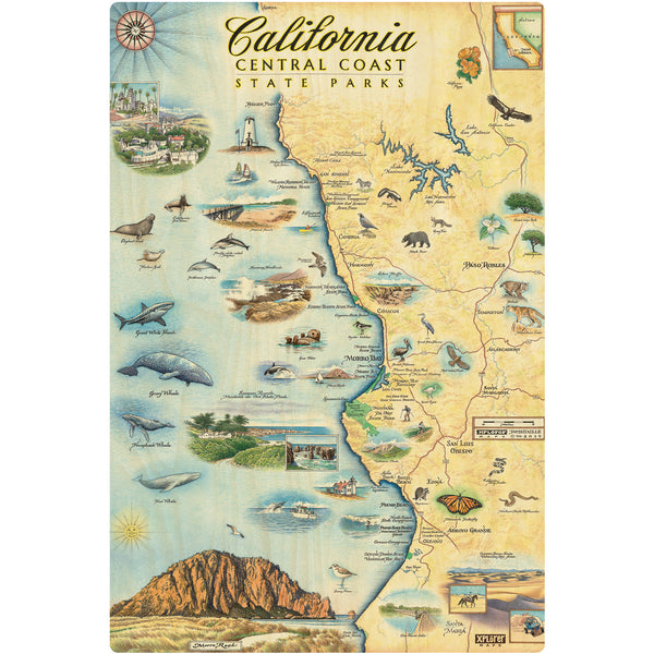 California Central Coast State Map wooden sign in earth tones. Featuring black bear, ocean, butterfly, seal, sharks, San Luis Obispo, and Arroyo Grand. 