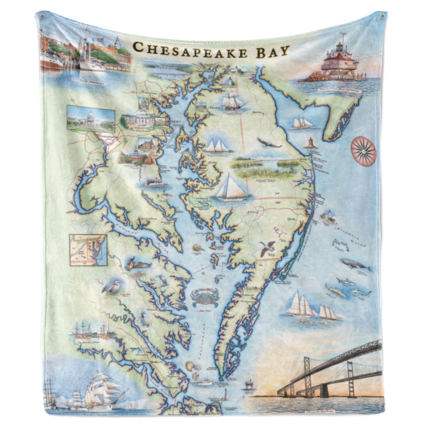 Hanging fleece blanket with the Chesapeake Bay hand-drawn map. Measures 58