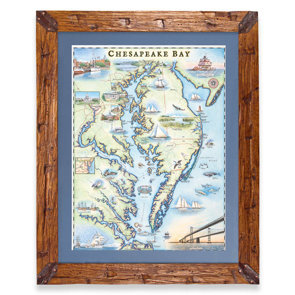 Chesapeake Bay hand-drawn map in a Montana hand-scraped pine wood frame with blue mat.