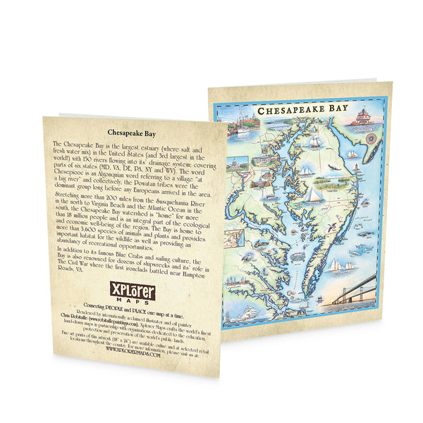 Chesapeake Bay blank notecards - Set of 12. featuring blue and green earth tones and illustrations of boat craft and marine life. The cities showcased on the map are the major cities situated along the shoreline of the bay as well along the peninsula incl