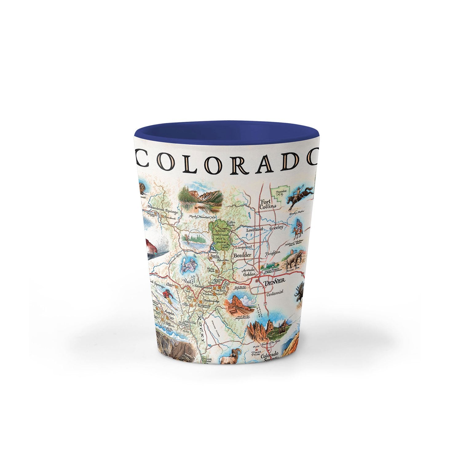 Colorado Map Ceramic shot glass showcases various cities including Denver, Fort Collins, Colorado Springs, Aspen, and Durango. It also features local flora and fauna, such as moose, Rocky Mountain elk, turtles, eagles, and Bighorn Sheep, as well as the indigenous Navajo and Hopi peoples. The map highlights popular activities like hiking, biking, rafting, and skiing.