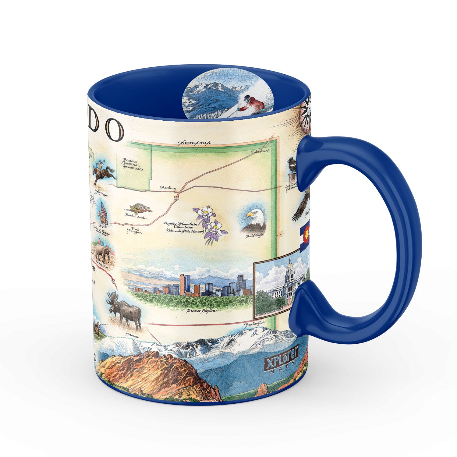 Blue Colorado state map ceramic mug by Xplorer Maps showcases various cities including Denver, Fort Collins, Colorado Springs, Aspen, and Durango. It also features local flora and fauna, such as moose, Rocky Mountain elk, turtles, eagles, and Bighorn Sheep, as well as the indigenous Navajo and Hopi peoples. The map highlights popular activities like hiking, biking, rafting, and skiing.