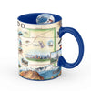 Blue Colorado state map ceramic mug by Xplorer Maps showcases various cities including Denver, Fort Collins, Colorado Springs, Aspen, and Durango. It also features local flora and fauna, such as moose, Rocky Mountain elk, turtles, eagles, and Bighorn Sheep, as well as the indigenous Navajo and Hopi peoples. The map highlights popular activities like hiking, biking, rafting, and skiing.