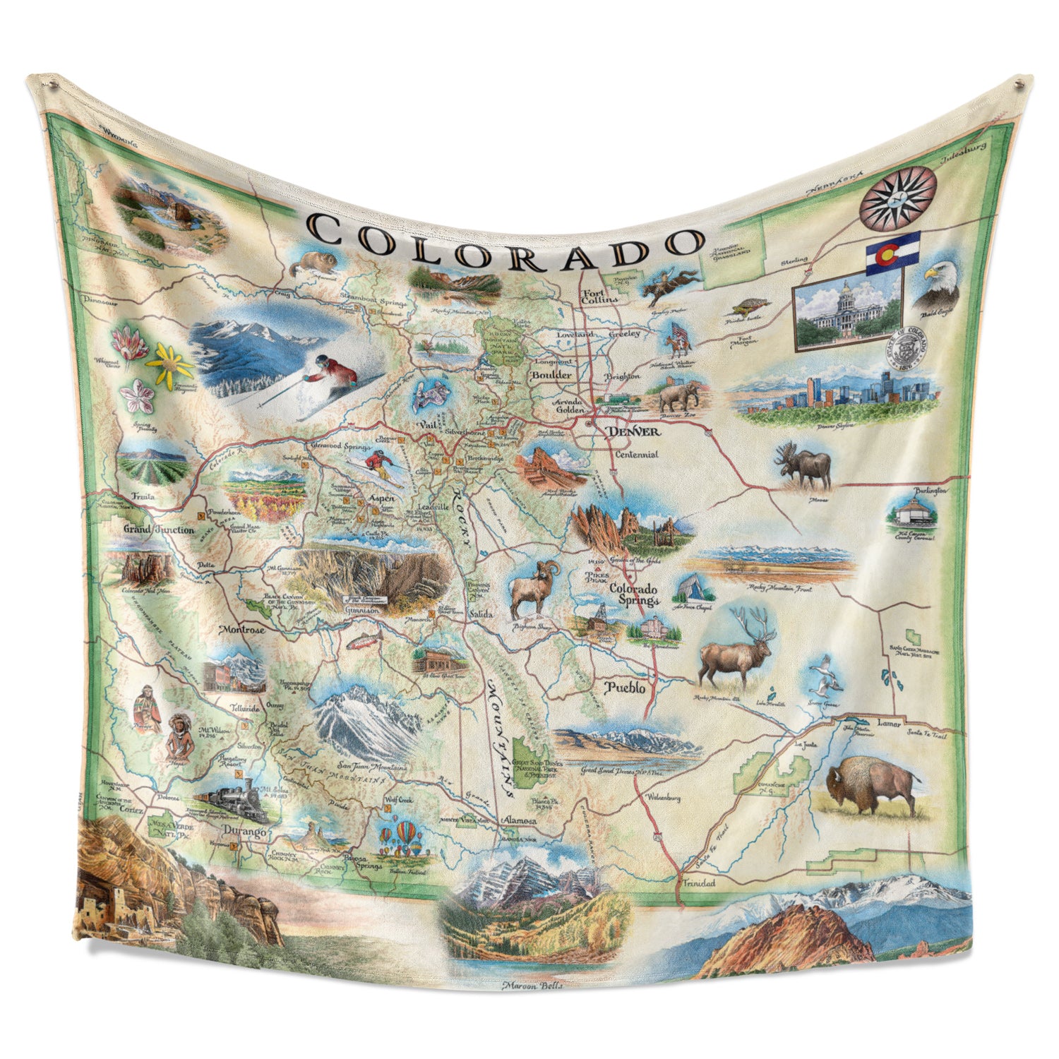 Hanging Colorado map. Stunning hand-drawn artwork of Colorado on blanket. Measures 58