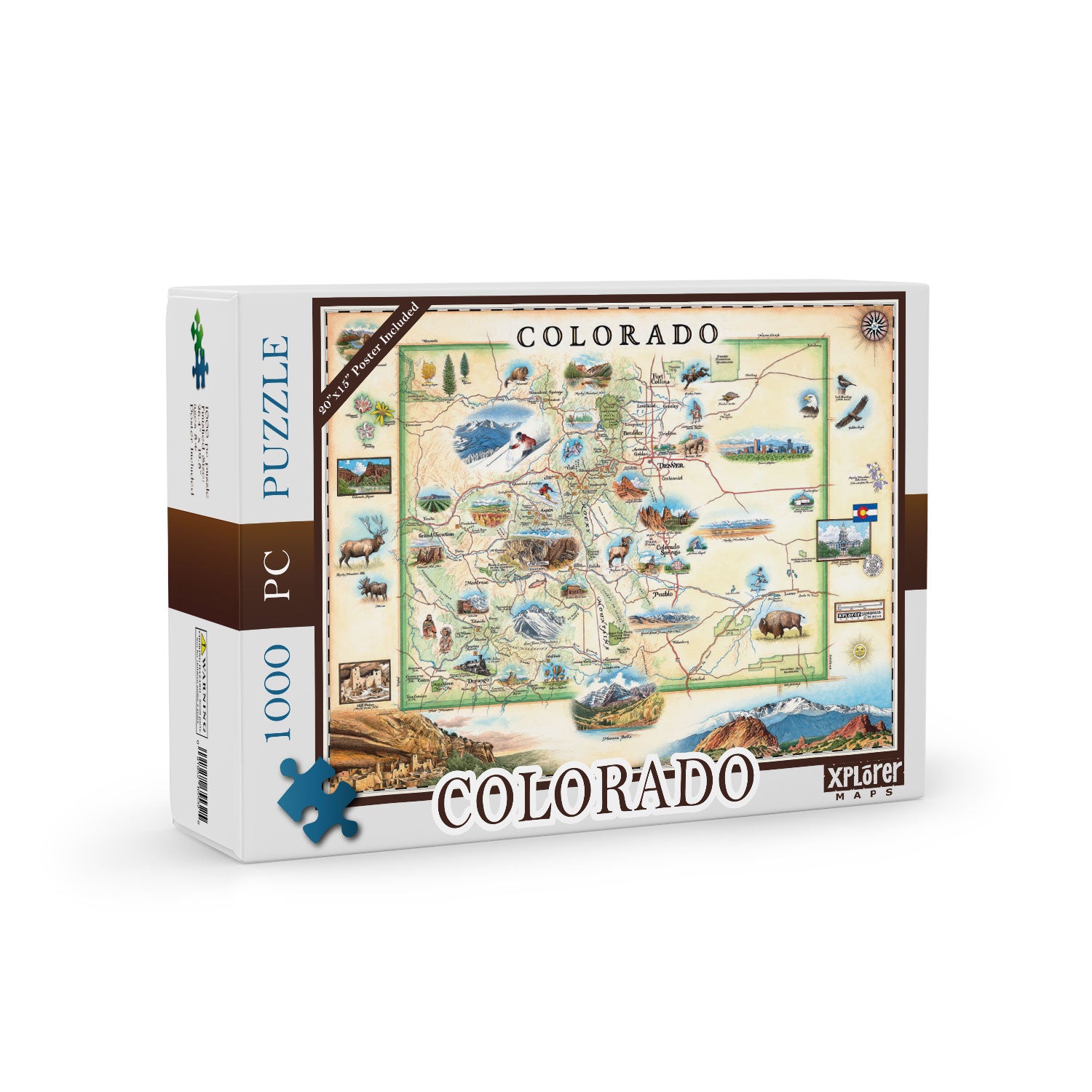 Colorado state map 1000-piece puzzle. Featuring illustrations of cities like Denver, Fort Collins, Loveland, Colorado Springs, Aspen, and Durango. The map also features flora and fauna such as elk, moose, and marmot. It also depicts the indigenous peoples of the area, Navajo and Hopi. Other illustrations include Maroon Bells, the Black Canyon of the Gunnison, and the Denver skyline.