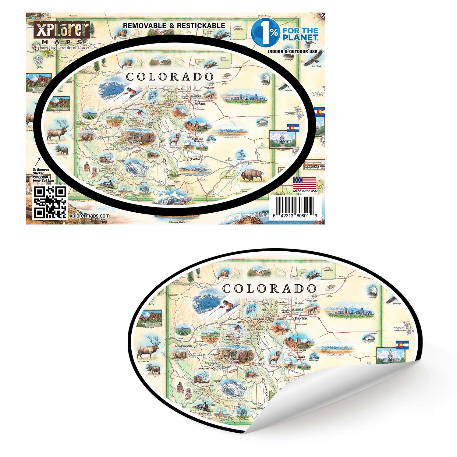 Colorado State Map Sticker by Xplorer Maps showcases various cities including Denver, Fort Collins, Colorado Springs, Aspen, and Durango. It also features local flora and fauna, such as moose, Rocky Mountain elk, turtles, eagles, and Bighorn Sheep, as well as the indigenous Navajo and Hopi peoples. The map highlights popular activities like hiking, biking, rafting, and skiing.