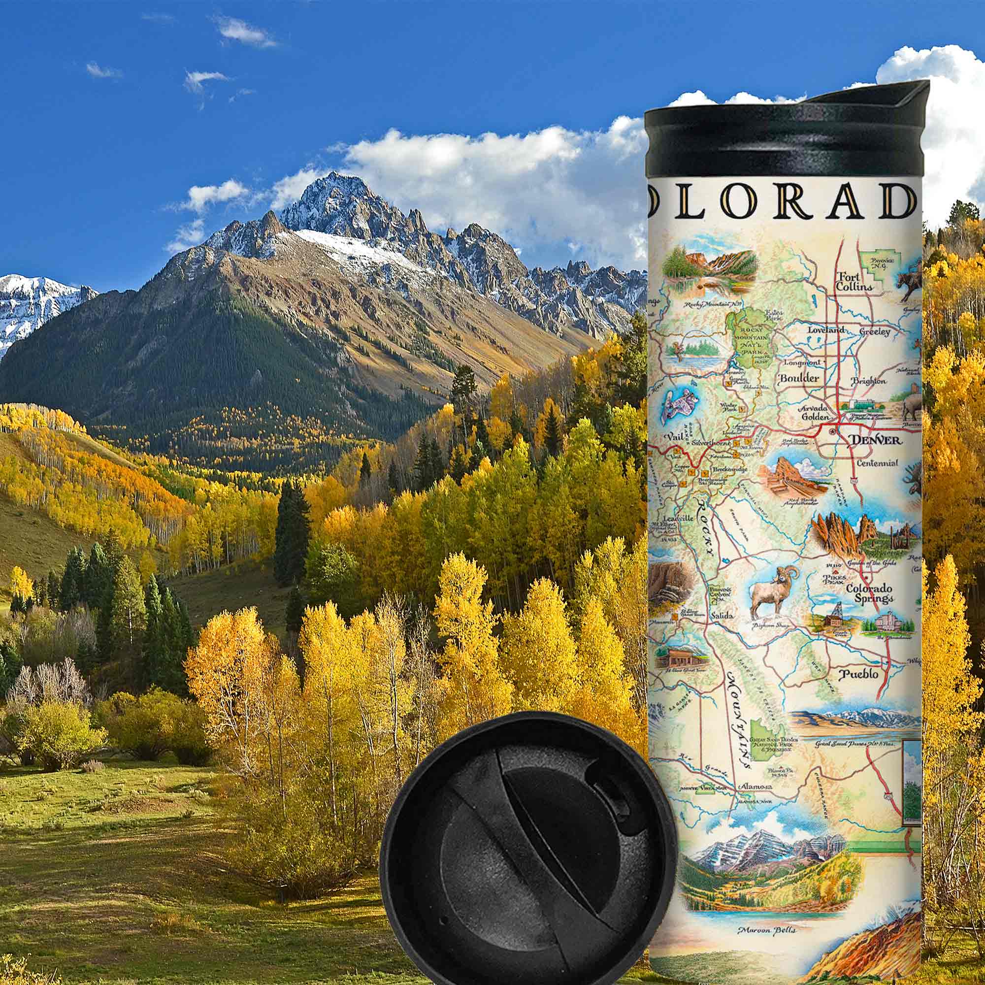 Colorado 16 oz travel drinkware in the snow-capped Rocky Mountains with fall color leaves in yellow and orange. Colorado Map travel drinkware by Xplorer Maps showcases various cities including Denver, Fort Collins, Colorado Springs, Aspen, and Durango. It also features local flora and fauna, such as moose, Rocky Mountain elk, turtles, eagles, and Bighorn Sheep, as well as the indigenous Navajo and Hopi peoples. The map highlights popular activities like hiking, biking, rafting, and skiing.