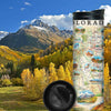 Colorado 16 oz travel drinkware in the snow-capped Rocky Mountains with fall color leaves in yellow and orange. Colorado Map travel drinkware by Xplorer Maps showcases various cities including Denver, Fort Collins, Colorado Springs, Aspen, and Durango. It also features local flora and fauna, such as moose, Rocky Mountain elk, turtles, eagles, and Bighorn Sheep, as well as the indigenous Navajo and Hopi peoples. The map highlights popular activities like hiking, biking, rafting, and skiing.