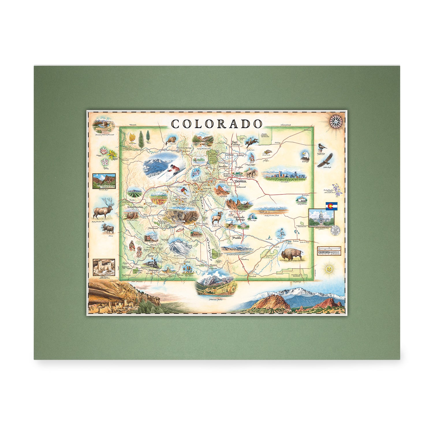 Hand-drawn mini-map of Colorado in earthy beige and green tones. It showcases various cities including Denver, Fort Collins, Colorado Springs, Aspen, and Durango. It also features local flora and fauna, such as moose, Rocky Mountain elk, turtles, eagles, and Bighorn Sheep, as well as the indigenous Navajo and Hopi peoples. The map highlights popular activities like hiking, biking, rafting, and skiing. Measuring 14
