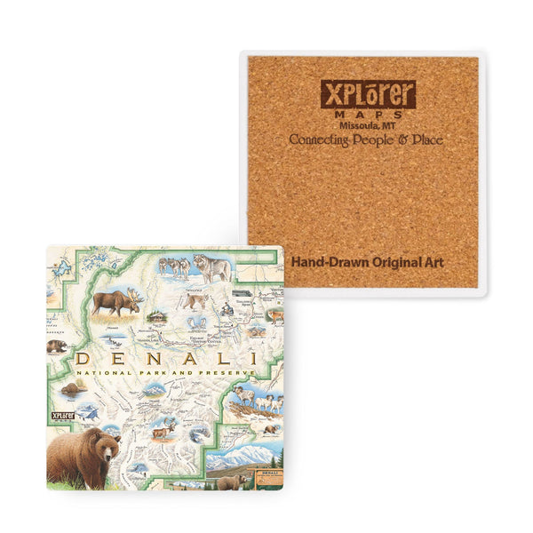  4" x 4" Denali National Park Map Ceramic Coasters by Xplorer Maps. Featuring illustrations of the major flora and fauna found in the park, such as grizzly bears, wolverines, moose, lynx, Dall sheep, and many more. Major attractions are illustrated on the map, like the Talkeetna Visitor Center, Denali Visitor Center, Ruth Glacier, and Kahiltna Glacier.