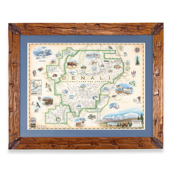 Denali National Park hand-drawn map in a Montana hand-scraped pine wood frame with blue mat.