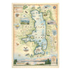 Montana's Flathead Lake Hand-Drawn Map in blue, green, and beige. Features Golfing, Steamboat, Rafting, birds, eagles, Osprey, Bears, forest, water, deer, mountain lion, fish, Cherry Blossoms, and flowers like Glacier Lilies and Lady Slippers. Cities and landmarks are noted such as Woods Bay, Wild Horse Island, Finley Point, and Big Arm.