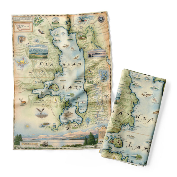 Montana's Flathead Lake Map Kitchen Towels in blue, green, and beige.  Features Golfing, Steamboat, Rafting, birds, eagles, Osprey, Bears, forest, water, deer, mountain lion, fish, Cherry Blossoms, and flowers like Glacier Lilies and Lady Slippers. Cities and landmarks are noted such as Woods Bay, Wild Horse Island, Finley Point, and Big Arm. 